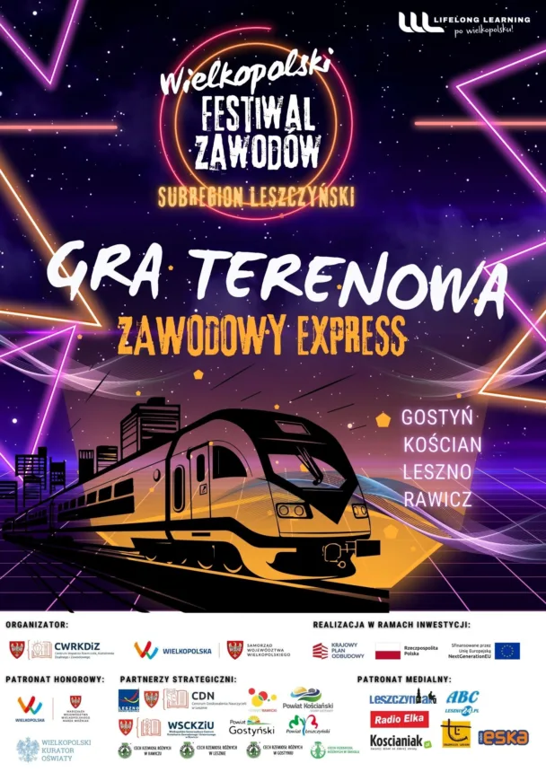 Kolorowa grafika promujące Wielkopolski Festiwal Zawodów 2024, w ramach którego odbywają się gry terenowe w kilku miejscowościach. Gry noszą nazwę "Zawodowy Express". Na grafice znajduje się również obrys pociągu. Na dole plakatu sporo logotypów organizatorów, partnerów, patronów etc.